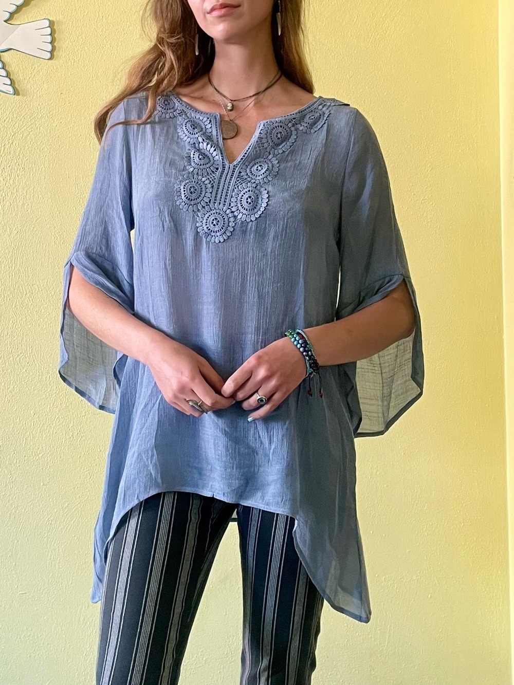 Lightweight Blue Embroidered V-Neck Summer Tunic
